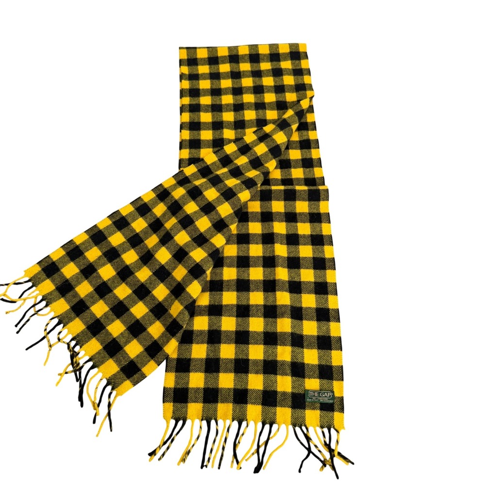 The Gap Plaid Scarf in Yellow Black Lambswool Made in Italy‎